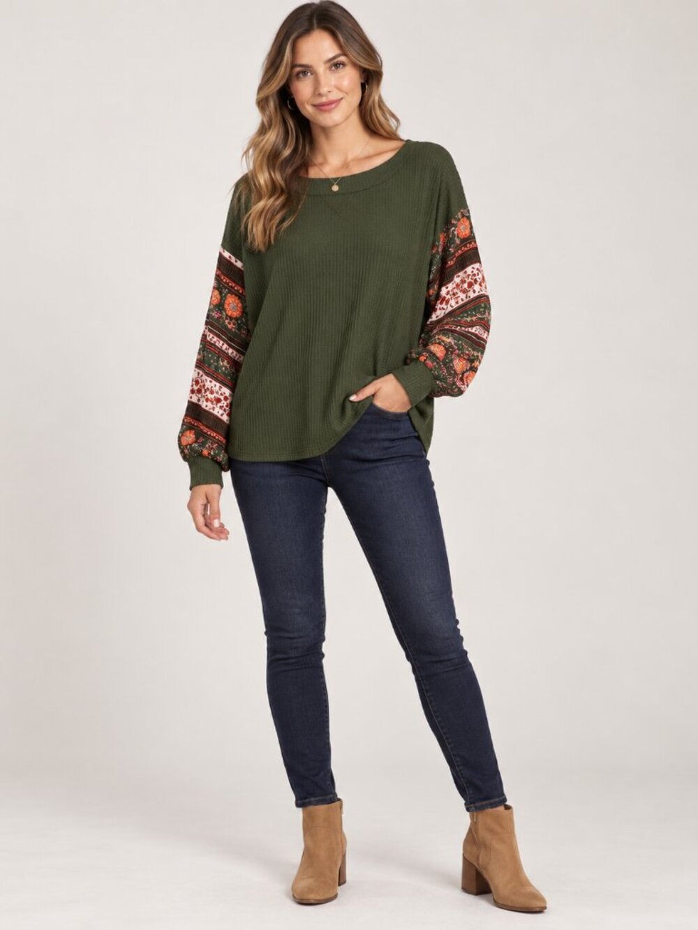 BiBi Large Olive Green Waffle Knit Floral Paisley Sleeve Boho Top Made in USA